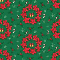 Natale senza soluzione di continuità modello con poinsettia ghirlanda, tintinnio campane, agrifoglio frutti di bosco e i fiocchi di neve nel piatto cartone animato su verde sfondo. inverno vacanza design per decorazione, avvolgere, striscione, sfondo vettore