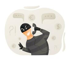 vettore cartone animato isolato illustrazione chiamata maschio truffatore indossare passamontagna. in linea o Telefono frode, crimine informatico concetto.