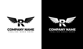 lettera r con bollo del segno dell'emblema dell'etichetta del logo delle ali. illustrazioni vettoriali