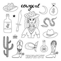 grande cowgirl impostato nel scarabocchio stile con mano disegnato schema. vettore illustrazione con occidentale stivali, cappello, serpente, cactus, Toro cranio, sceriffo distintivo stella. cowboy tema con simboli di Texas e selvaggio ovest.