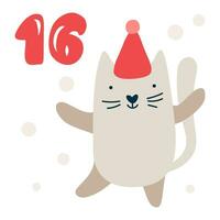 Natale Avvento calendario con mano disegnato gatto. giorno sedici 16. scandinavo stile manifesto. carino inverno illustrazione per carta, manifesto, ragazzo camera arredamento, asilo arte vettore