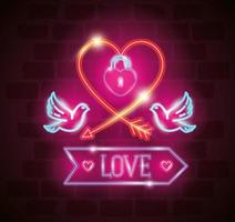 san valentino con colombe e cuore di luci al neon vettore