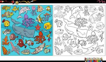 cartone animato pesce e marino animale personaggi gruppo colorazione pagina vettore