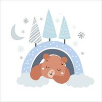 carino cartone animato orso cucciolo dorme nel un' tana nel inverno. figli di semplice Stampa. vettore grafica.