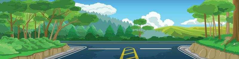 vettore o illustratore di paesaggio mezzi di trasporto di asfalto strada intersezione nel foresta. davanti di il scenario è un' pino foresta e rotolamento montagne. Due lato con alberi foresta con drenaggio modo.