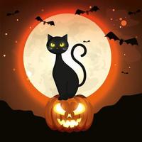 gatto in zucca di halloween nella notte oscura vettore