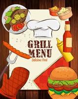 menu alla griglia con cappello da chef e cibo delizioso su fondo in legno vettore