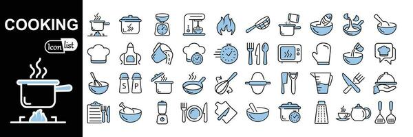 cucinando e cucina icona collezione .schema stile blu icona impostato cucinando prenotare, frittura volta, caldo padella. vettore illustrazione.