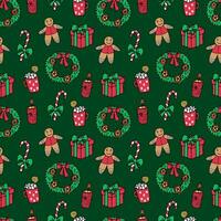 senza soluzione di continuità modello di Natale decorazioni su un' buio verde sfondo - i regali, ghirlanda, zucchero canna, caldo cioccolato nel un' tazza, Pan di zenzero uomo. vettore scarabocchio illustrazione per confezione, ragnatela design