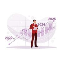 uomo d'affari guardare a il economico crescita grafico a partire dal 2021-2023 attraverso digitale tavoletta. visione dichiarazione concetto. tendenza moderno vettore piatto illustrazione