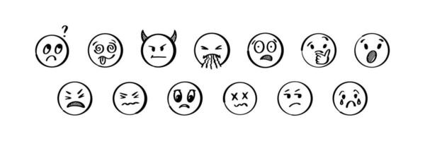 scarabocchio emoji impostare. mano disegnato schizzo vettore illustrazione. imballare di diverso negativo espressioni emoticon