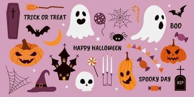 vettore elementi per Halloween zucche, fantasmi, castello, grave, bara, scopa, caramella, frasi. adatto per scrapbooking, saluto carta, festa invito, manifesto, etichetta. mano disegnato stile.