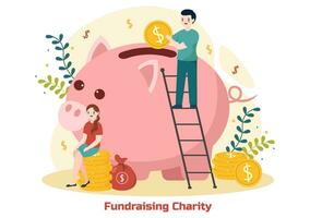 raccolta fondi beneficenza e donazione vettore illustrazione con volontari mettendo monete o i soldi nel donazione scatola nel finanziario supporto cartone animato sfondo
