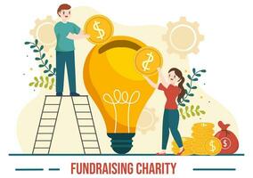 raccolta fondi beneficenza e donazione vettore illustrazione con volontari mettendo monete o i soldi nel donazione scatola nel finanziario supporto cartone animato sfondo