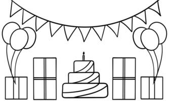 mano disegnato compleanno torta, regalo scatola e palloncini2 vettore