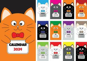 gatto verticale mensile calendario 2024 coperchio. tutti mese. carino cartone animato personaggio impostare. piatto vettore