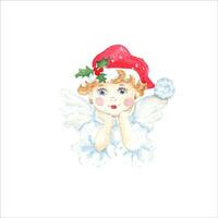 carino Natale angelo con rosso cappello e agrifoglio ramo. Vintage ▾ stile. bene per carte, stampe, decorazione. vettore