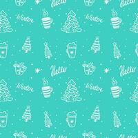 nuovo anno modello scarabocchio illustrazione di accogliente tazze con tè e caldo cioccolato e Natale alberi. Natale senza soluzione di continuità sfondo di scarabocchio alberi e caldo bevande. vettore