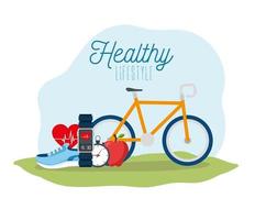 poster stile di vita sano con bici e icone vettore