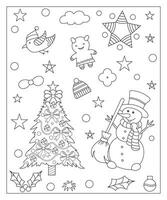 colorazione pagina di un' decorato Natale albero, shanta claus, sfera, campana, pupazzo di neve e i regali. vettore nero e bianca illustrazione su bianca sfondo.