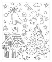 colorazione pagina di un' decorato Natale albero, shanta claus, sfera, campana, pupazzo di neve e i regali. vettore nero e bianca illustrazione su bianca sfondo.