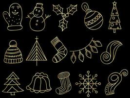 d'oro Natale ornamenti impostato con palle, fiocchi di neve, cappelli, stella, Natale albero, arancia, calzino, regalo, bevanda e ghirlande. vettore