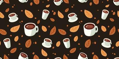 caffè senza soluzione di continuità modello, cacao cioccolato, foglia, autunno stagione, inviare carta sfondo stampe involucro carta manifesto cuscino totalizzatore borse topo tampone modelli desing, vettore illustrazione carino kawaii.