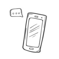 Telefono con Messaggio scarabocchio. smartphone discorso bolla mano disegnato schizzo stile icona. mobile Messaggio comico scarabocchio disegnato concetto. vettore