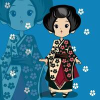 un' cartone animato ragazza nel un' chimono con fiori vettore