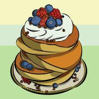 un' cartone animato di un' pila di Pancakes con frutti di bosco e frustato crema vettore