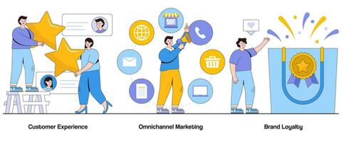 cliente Esperienza, omnichannel marketing, marca lealtà concetto con carattere. cliente viaggio astratto vettore illustrazione impostare. senza soluzione di continuità interazioni, personalizzato punti di contatto, cliente diletto