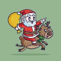 carino Santa Claus cartone animato personaggio equitazione renna, trasporto Natale Borsa. cartone animato vettore illustrazione isolato su verde sfondo. Santa Claus cartone animato illustrazione