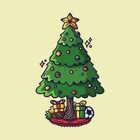 decorato Natale albero con regalo scatole, stella, luci, decorazione palle e lampade cartone animato vettore illustrazione. allegro Natale e un' contento nuovo anno. cartone animato stile vettore illustrazione