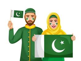 pakistano persone nel tradizionale vestito mostrando Pakistan bandiera, festeggiare indipendenza o repubblica giorno. vettore