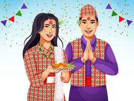 dashain un' popolare Festival nel Nepal celebrazione azione vettore illustrazione. donna hold tika e jamara piatto per dashain Festival