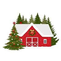 rosso Vintage ▾ fienile Casa con tradizionale Natale arredamento. paesaggio inverno scena con fienile e abete alberi. isolato vettore clipart.