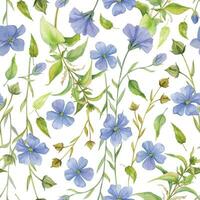 mano disegnato acquerello lino biancheria blu fiori, ortica verde gambo le foglie naturale pianta. botanico illustrazione isolato senza soluzione di continuità modello su bianca sfondo. negozio logo Stampa, sito web, carta, opuscolo. vettore