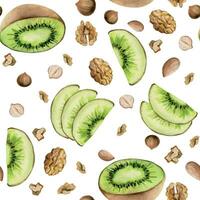 mano disegnato acquerello verde Kiwi frutta e noccioline mescolare per dieta e salutare stile di vita, vegano cucinando. illustrazione senza soluzione di continuità modello isolato su bianca sfondo. design Stampa, manifesto, sito web, carta, menù vettore