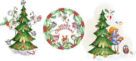 impostato di carte con pupazzi di neve e coniglietti in giro il Natale albero acquerello vettore