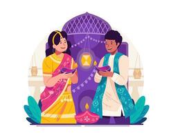 contento Diwali saluti. indiano coppia Tenere illuminato olio lampade o diya. indù tradizionale Festival di luci vettore
