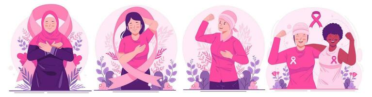 illustrazione impostato di Seno cancro consapevolezza mese. donne con nastri rosa come un' preoccupazione e supporto per donne con Seno cancro vettore