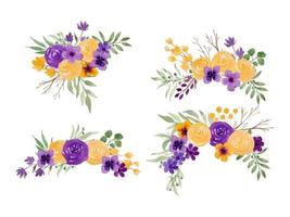set vettoriale separato di disposizione dei fiori dell'acquerello viola e giallo