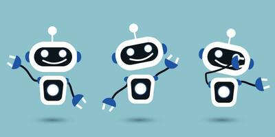 impostato di carino illustrazioni di artificiale intelligenza robot personaggi nel diverso pose agitando, saluto e detto ciao. vettore illustrazione