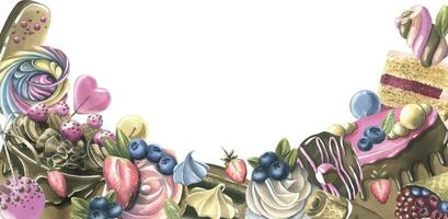 torte con brownies, ciambelle, marshmallows, Lecca-lecca, fragole e mirtilli. acquerello illustrazione mano disegnato. modello, telaio su un' bianca sfondo vettore