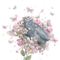 carino grigio gatto, dire bugie su il fiori di un Mela albero con farfalle. nel lilla e rosa colori. acquerello illustrazione, molla, delicato composizione. per il design di cartoline, manifesti, Souvenirs vettore
