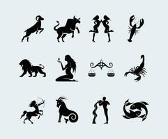 silhouette zodiaco simboli e segni vettore piatto icone impostato