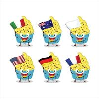 ghiaccio crema Banana tazza cartone animato personaggio portare il bandiere di vario paesi vettore