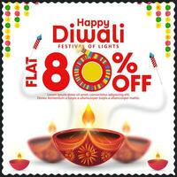 contento Diwali promozione vendita bandiera design modello con diya olio lampada e cracker. vettore