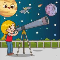 vettore illustrazione di bambini guardare a telescopio.bambini guardare attraverso telescopio nel il notte cartone animato vettore illustrazione grafico design.