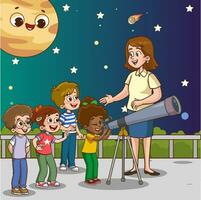 vettore illustrazione di bambini guardare a telescopio.bambini guardare attraverso telescopio nel il notte cartone animato vettore illustrazione grafico design.